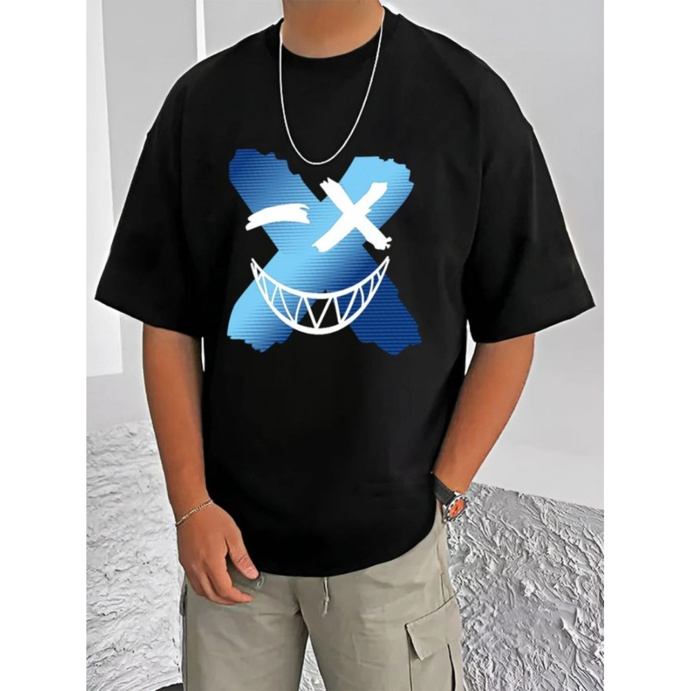 Generic Men's Casual Cotton Blend Printed Round Neck Half Sleeve T-Shirt (Black)