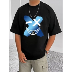 Generic Men's Casual Cotton Blend Printed Round Neck Half Sleeve T-Shirt (Black)