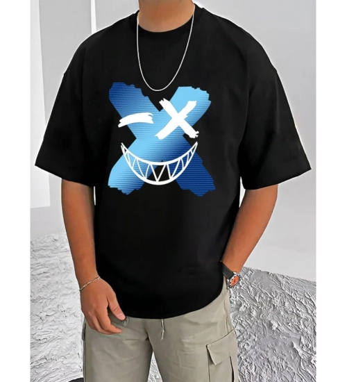 Generic Men's Casual Cotton Blend Printed Round Neck Half Sleeve T-Shirt (Black)