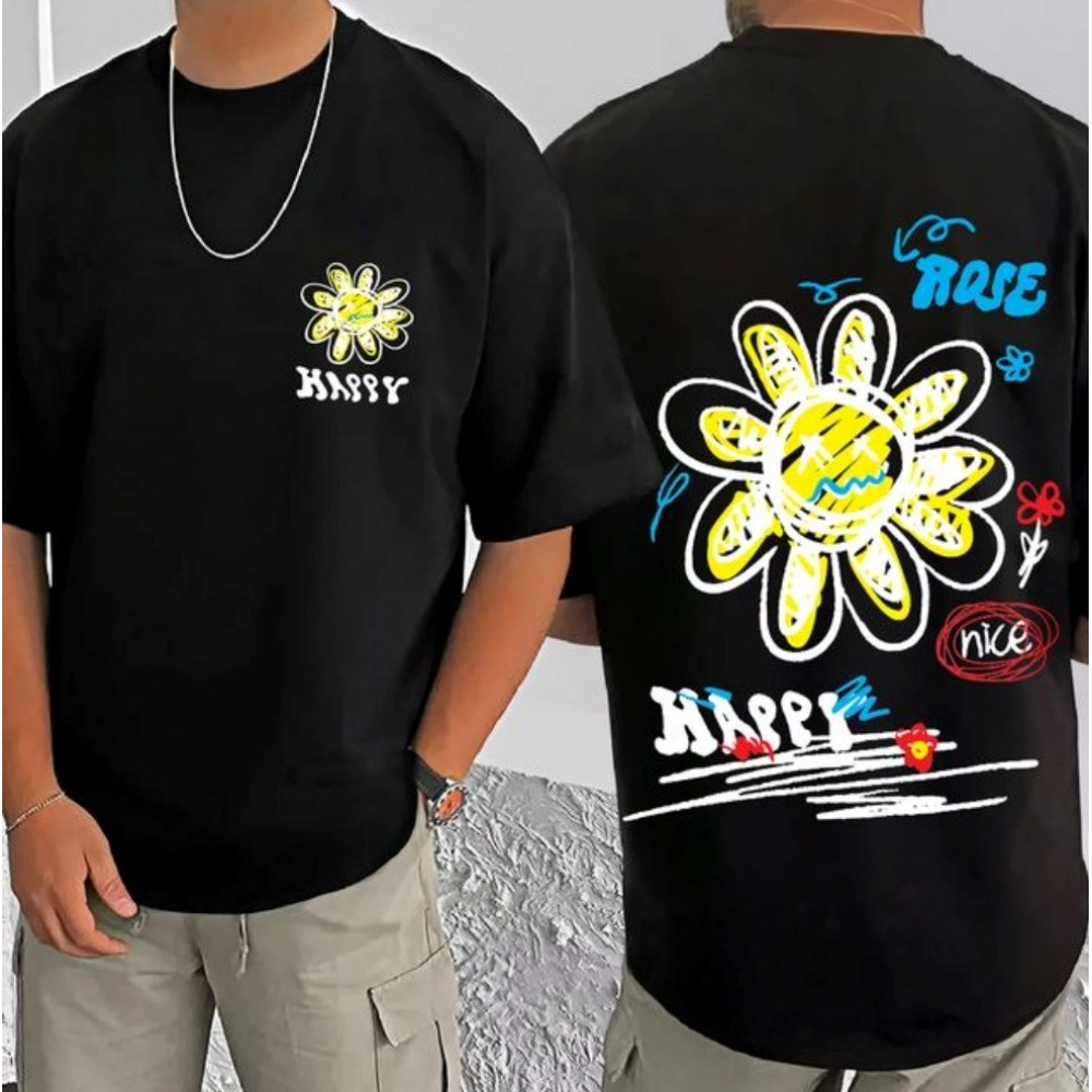 Generic Men's Casual Cotton Blend Printed Round Neck Half Sleeve T-Shirt (Black)