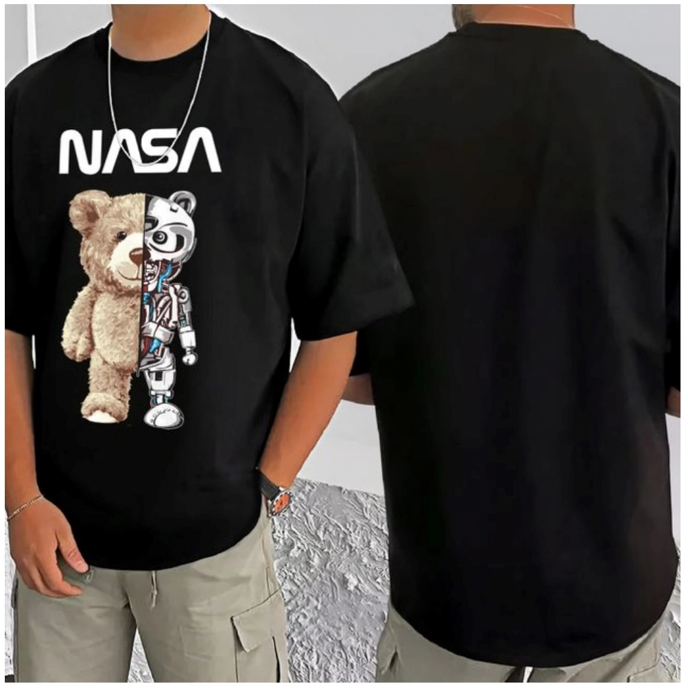 Generic Men's Casual Cotton Blend Printed Round Neck Half Sleeve T-Shirt (Black)