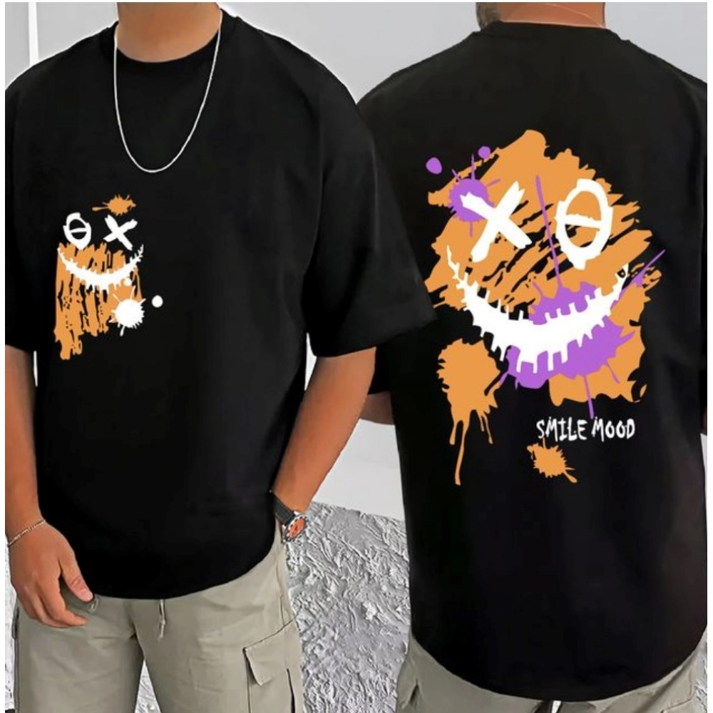 Generic Men's Casual Cotton Blend Printed Round Neck Half Sleeve T-Shirt (Black)