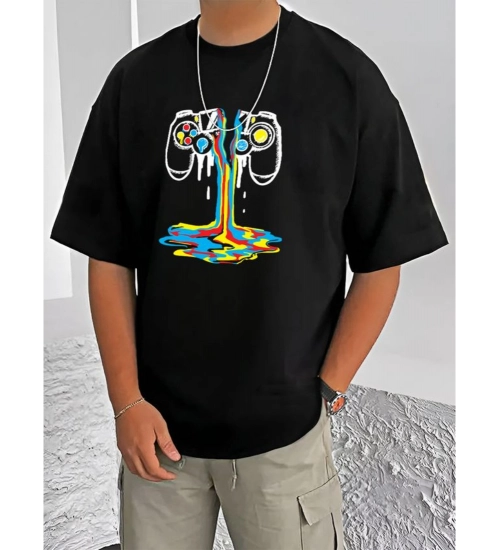 Generic Men's Casual Cotton Blend Printed Round Neck Half Sleeve T-Shirt (Black)