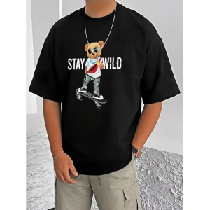 Generic Men's Casual Cotton Blend Printed Round Neck Half Sleeve T-Shirt (Black)