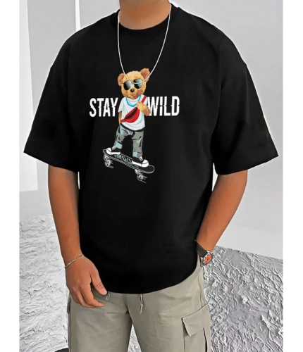 Generic Men's Casual Cotton Blend Printed Round Neck Half Sleeve T-Shirt (Black)