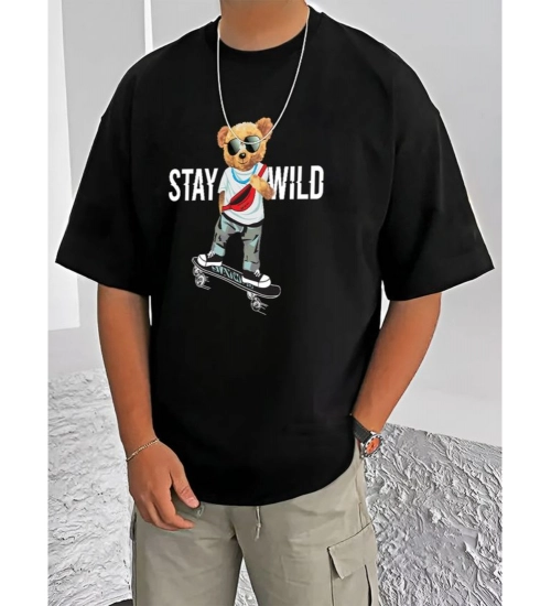Generic Men's Casual Cotton Blend Printed Round Neck Half Sleeve T-Shirt (Black)