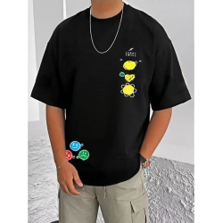 Generic Men's Casual Cotton Blend Printed Round Neck Half Sleeve T-Shirt (Black)