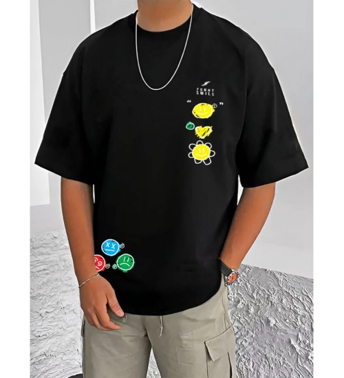 Generic Men's Casual Cotton Blend Printed Round Neck Half Sleeve T-Shirt (Black)