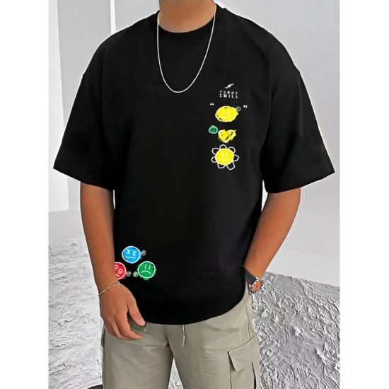 Generic Men's Casual Cotton Blend Printed Round Neck Half Sleeve T-Shirt (Black)