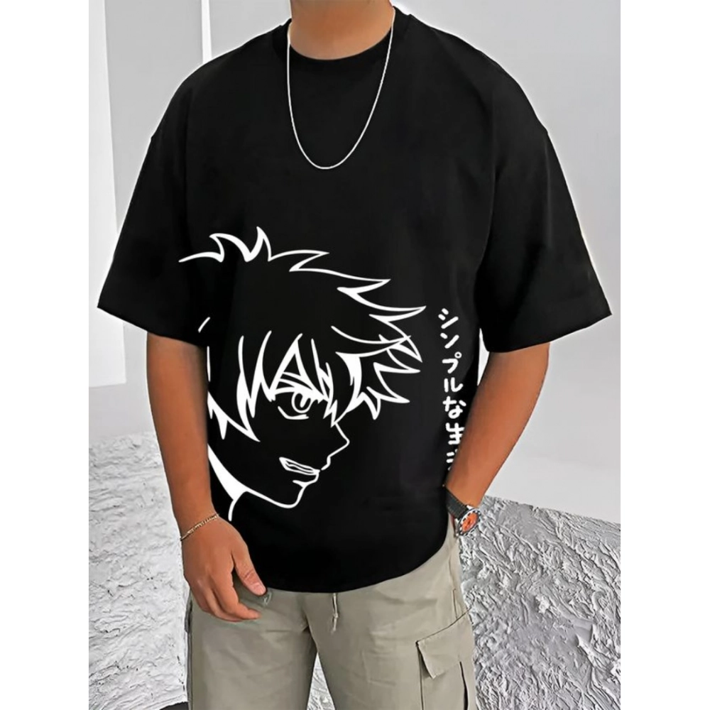 Generic Men's Casual Cotton Blend Printed Round Neck Half Sleeve T-Shirt (Black)