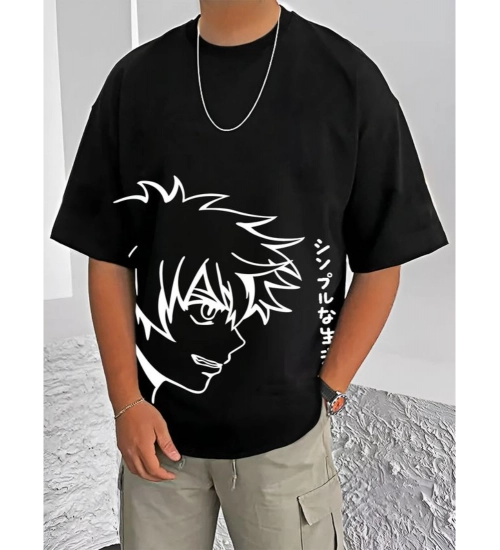 Generic Men's Casual Cotton Blend Printed Round Neck Half Sleeve T-Shirt (Black)