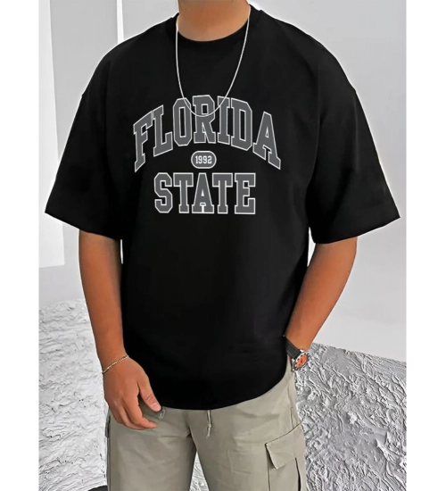 Generic Men's Casual Cotton Blend Printed Round Neck Half Sleeve T-Shirt (Black)