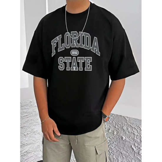 Generic Men's Casual Cotton Blend Printed Round Neck Half Sleeve T-Shirt (Black)