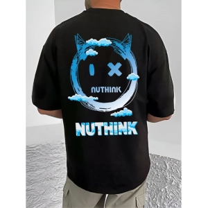 Generic Men's Casual Cotton Blend Printed Round Neck Half Sleeve T-Shirt (Black)