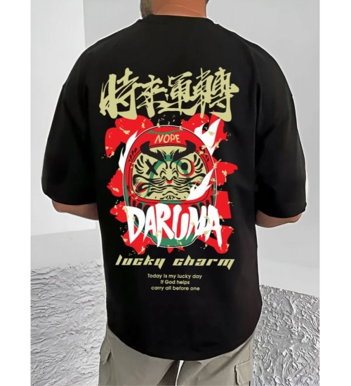 Generic Men's Casual Cotton Blend Printed Round Neck Half Sleeve T-Shirt (Black)