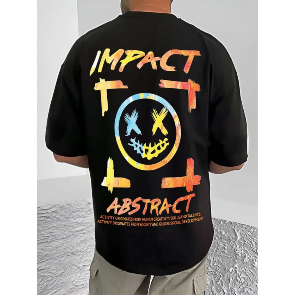 Generic Men's Casual Cotton Blend Printed Round Neck Half Sleeve T-Shirt (Black)