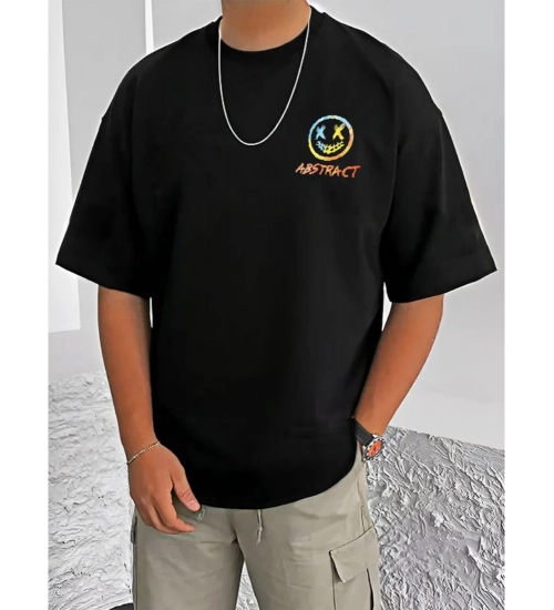 Generic Men's Casual Cotton Blend Printed Round Neck Half Sleeve T-Shirt (Black)