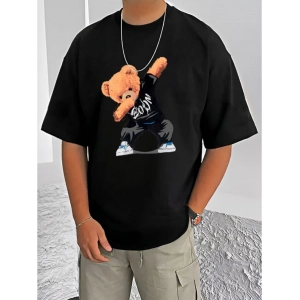 Generic Men's Casual Cotton Blend Printed Round Neck Half Sleeve T-Shirt (Black)