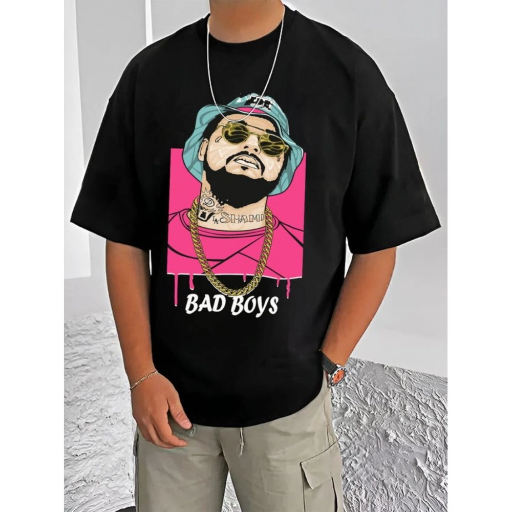 Generic Men's Casual Cotton Blend Printed Round Neck Half Sleeve T-Shirt (Black)