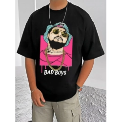 Generic Men's Casual Cotton Blend Printed Round Neck Half Sleeve T-Shirt (Black)