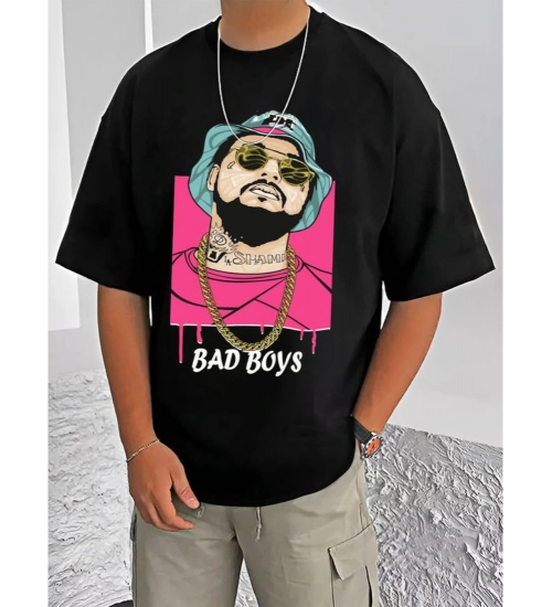 Generic Men's Casual Cotton Blend Printed Round Neck Half Sleeve T-Shirt (Black)