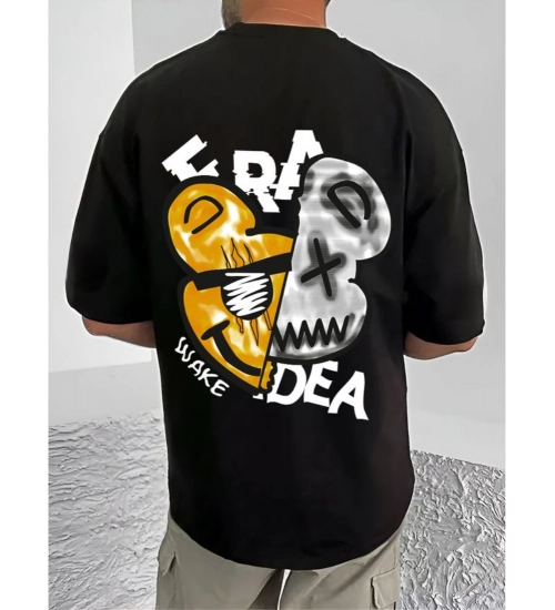 Generic Men's Casual Cotton Blend Printed Round Neck Half Sleeve T-Shirt (Black)