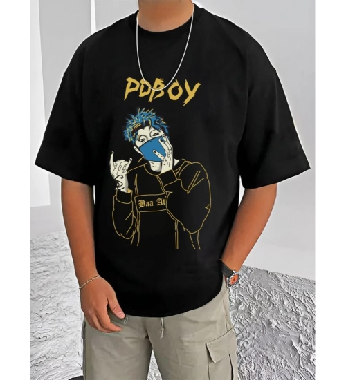 Generic Men's Casual Cotton Blend Printed Round Neck Half Sleeve T-Shirt (Black)