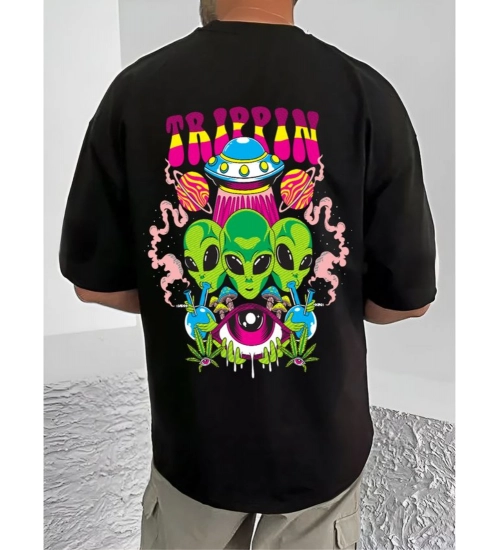 Generic Men's Casual Cotton Blend Printed Round Neck Half Sleeve T-Shirt (Black)