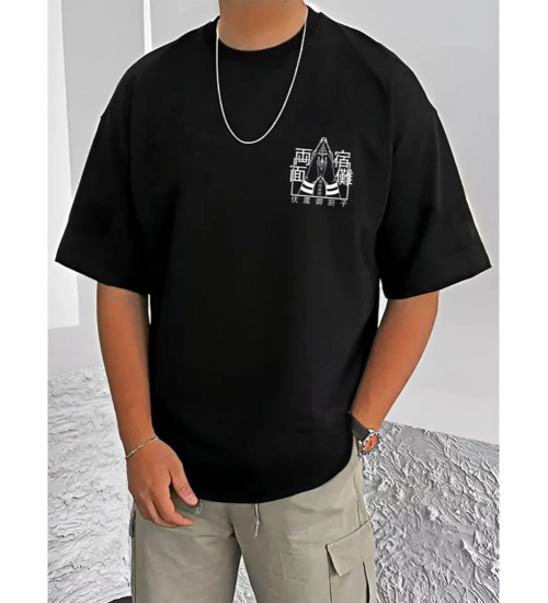 Generic Men's Casual Cotton Blend Printed Round Neck Half Sleeve T-Shirt (Black)