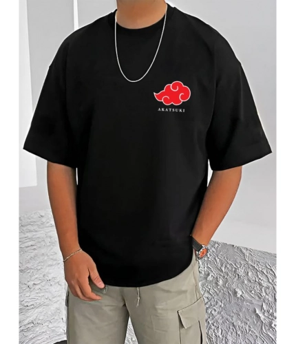 Generic Men's Casual Cotton Blend Printed Round Neck Half Sleeve T-Shirt (Black)