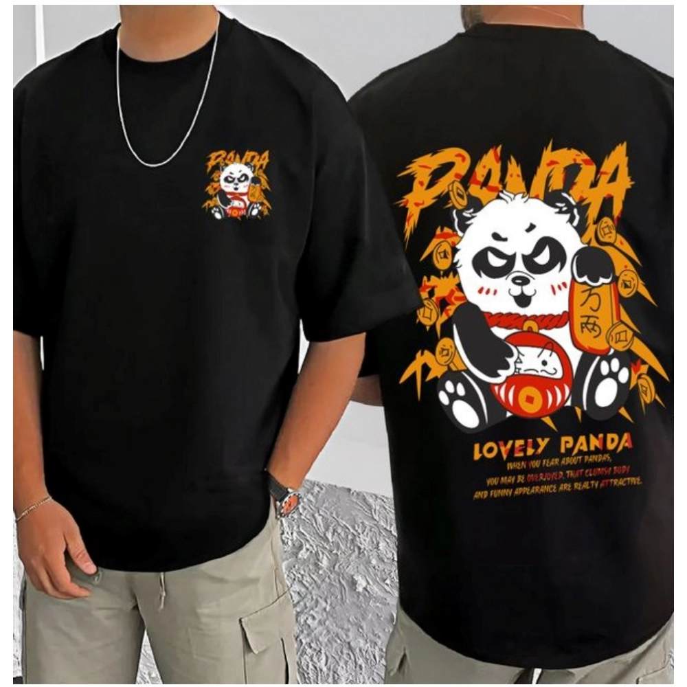 Generic Men's Casual Cotton Blend Printed Round Neck Half Sleeve T-Shirt (Black)