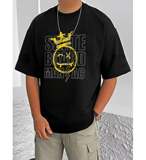 Generic Men's Casual Cotton Blend Printed Round Neck Half Sleeve T-Shirt (Black)