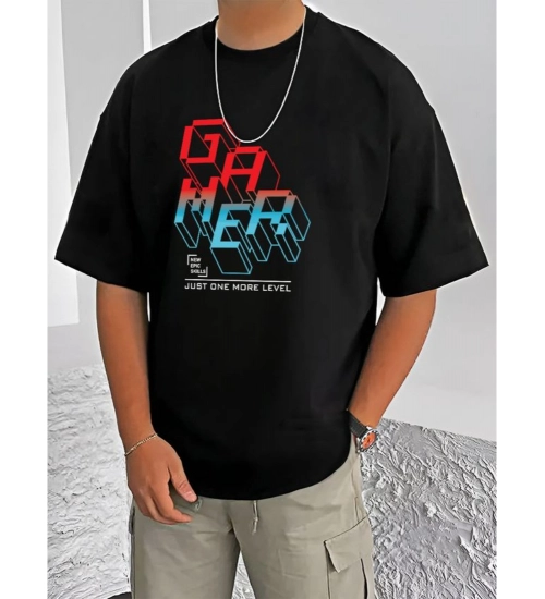 Generic Men's Casual Cotton Blend Printed Round Neck Half Sleeve T-Shirt (Black)