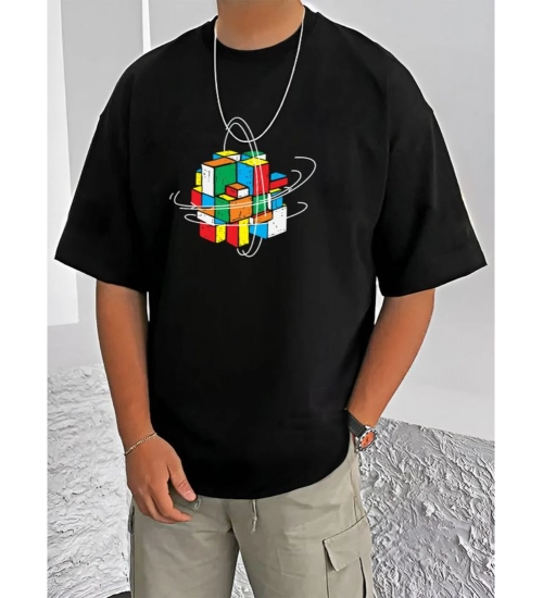 Generic Men's Casual Cotton Blend Printed Round Neck Half Sleeve T-Shirt (Black)