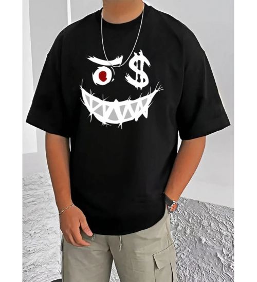 Generic Men's Casual Cotton Blend Printed Round Neck Half Sleeve T-Shirt (Black)