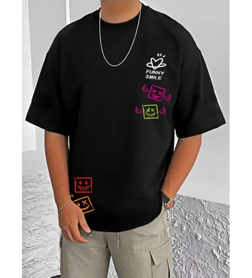 Generic Men's Casual Cotton Blend Printed Round Neck Half Sleeve T-Shirt (Black)