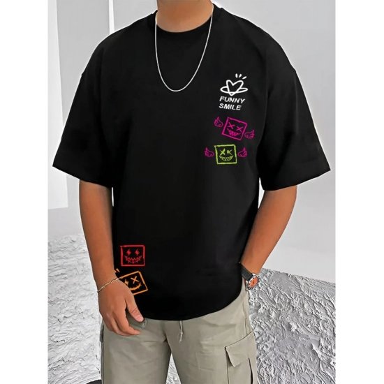 Generic Men's Casual Cotton Blend Printed Round Neck Half Sleeve T-Shirt (Black)