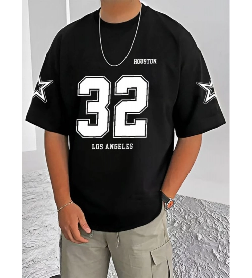 Generic Men's Casual Cotton Blend Printed Round Neck Half Sleeve T-Shirt (Black)