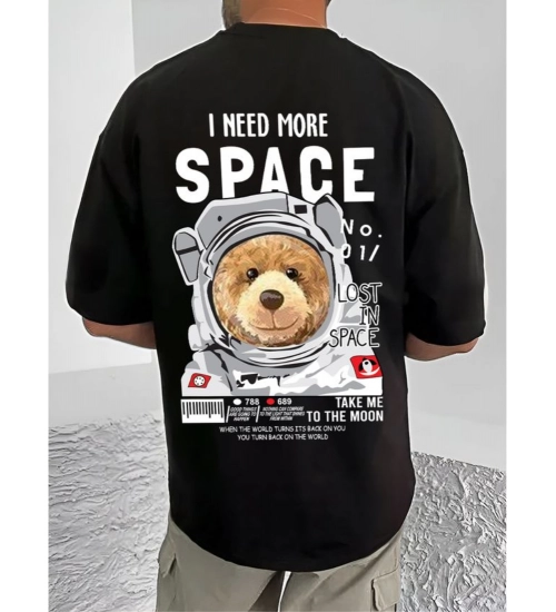 Generic Men's Casual Cotton Blend Printed Round Neck Half Sleeve T-Shirt (Black)