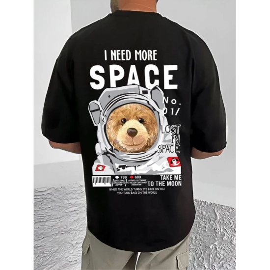 Generic Men's Casual Cotton Blend Printed Round Neck Half Sleeve T-Shirt (Black)