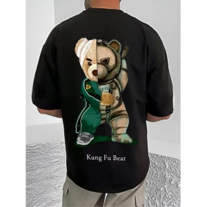 Generic Men's Casual Cotton Blend Printed Round Neck Half Sleeve T-Shirt (Black)