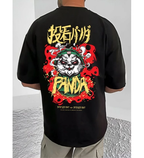 Generic Men's Casual Cotton Blend Printed Round Neck Half Sleeve T-Shirt (Black)