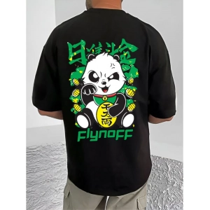 Generic Men's Casual Cotton Blend Printed Round Neck Half Sleeve T-Shirt (Black)