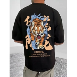 Generic Men's Casual Cotton Blend Printed Round Neck Half Sleeve T-Shirt (Black)