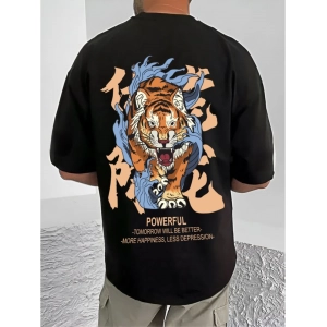 Generic Men's Casual Cotton Blend Printed Round Neck Half Sleeve T-Shirt (Black)