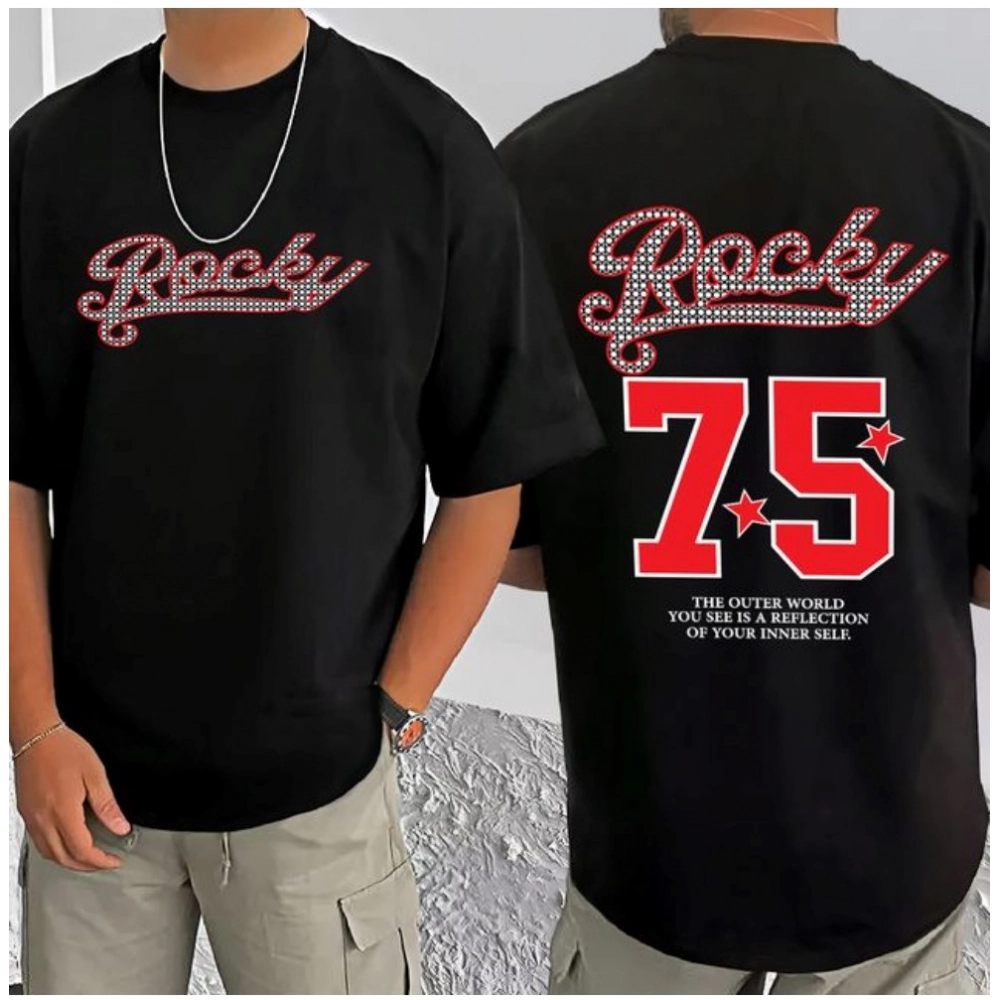 Generic Men's Casual Cotton Blend Printed Round Neck Half Sleeve T-Shirt (Black)