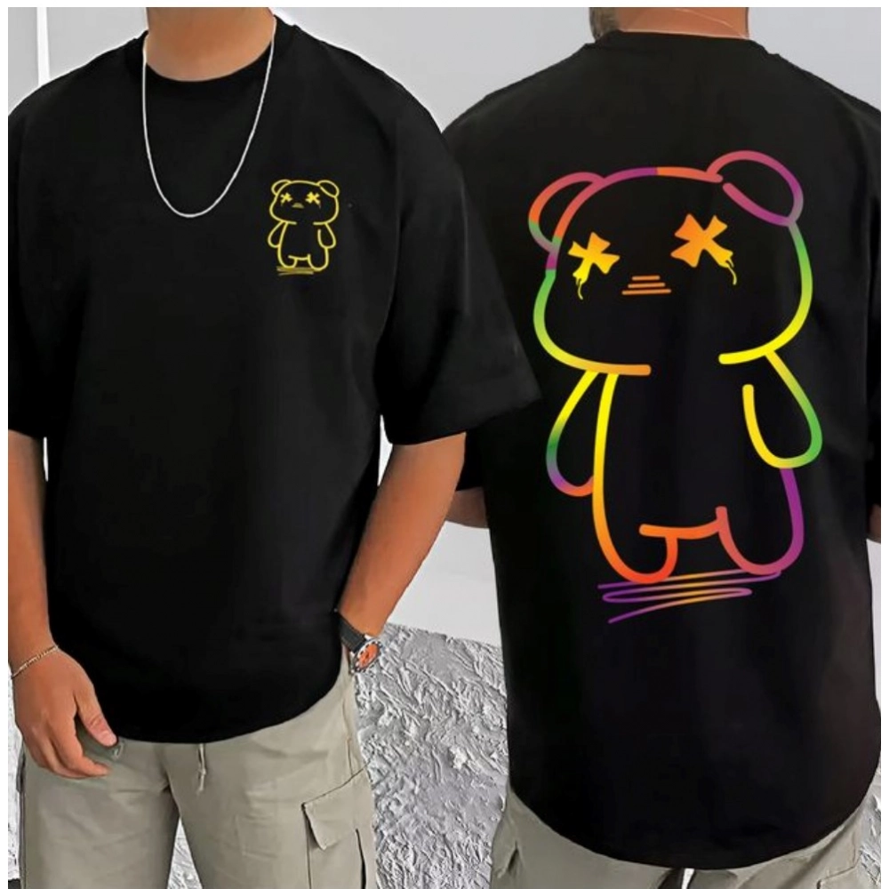 Generic Men's Casual Cotton Blend Printed Round Neck Half Sleeve T-Shirt (Black)