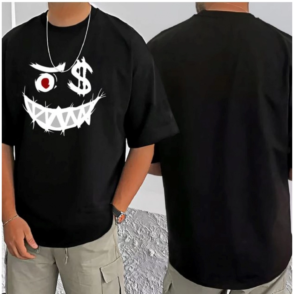 Generic Men's Casual Cotton Blend Printed Round Neck Half Sleeve T-Shirt (Black)