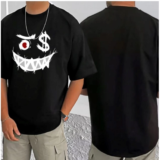 Generic Men's Casual Cotton Blend Printed Round Neck Half Sleeve T-Shirt (Black)