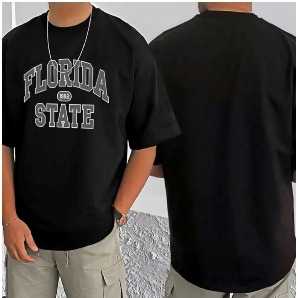 Generic Men's Casual Cotton Blend Printed Round Neck Half Sleeve T-Shirt (Black)